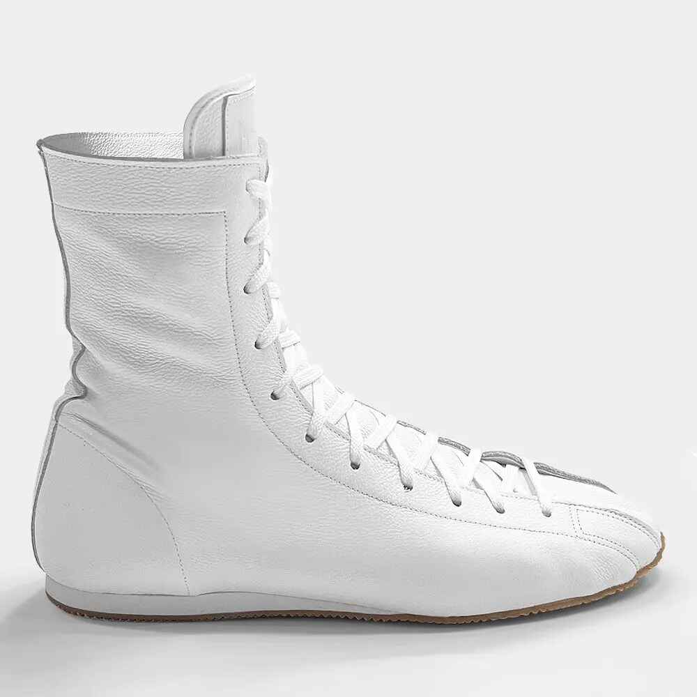 White Leather High-Top Boxing Boots with Wraparound Lacing and Gum Sole